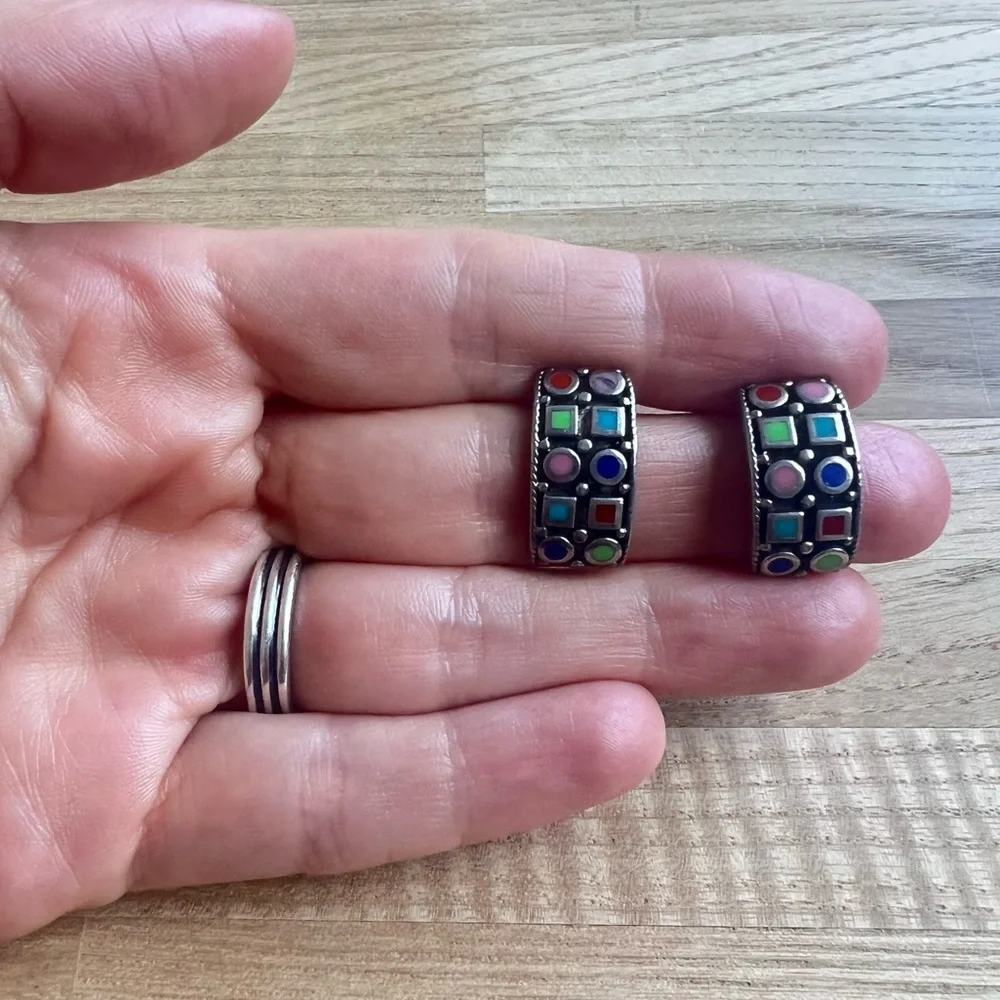 925 Sterling silver multi colored gemstones huggie hoop earring